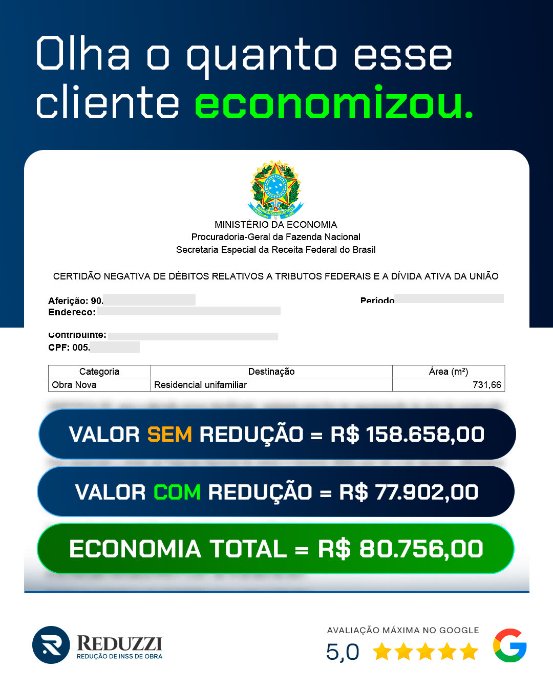 Certidão da Receita Federal de obra residencial unifamiliar de 731,66 m²:
                    valor sem redução de R$ 158.658,00, valor com redução de R$ 77.902,00,
                    economia total de R$ 80.756,00.