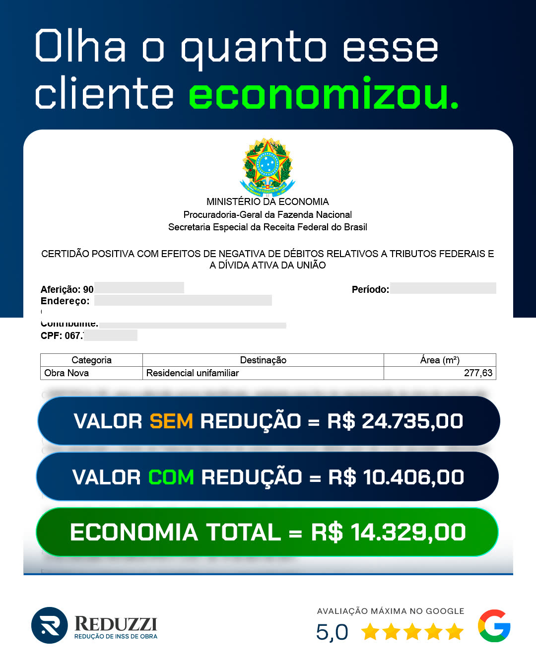 Certidão da Receita Federal de obra residencial unifamiliar de 277,63 m²:
                    valor sem redução de R$ 24.735,00, valor com redução de R$ 10.406,00,
                    economia total de R$ 14.329,00.